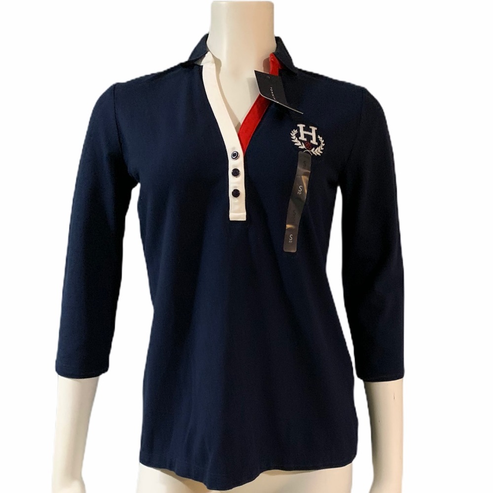 Tommy Hilfiger Polo Navy Blue Shirt 3/4 Sleeve Size S - NEW
